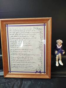 lot 341 image: Hand Cross Stitched,When I Am Old Woman, Purple Poem with Figurine, 13x 16