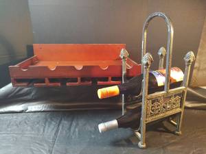 lot 345 image: Decorative Metal Wine Rack with Ornate Details and Wall Wood Stem Glass Holder (Wine Not Included)