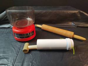 lot 349 image: Krups Red Kitchen Scale, Wood Rolling Pin and New Peppernut Shooter