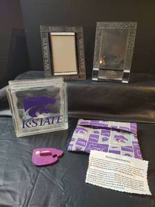 lot 359 image: Kansas State Wildcats Fan Collection Bundle, Picture Frames, Glass Block, Microwave Potato Baker and Cookie Cutter