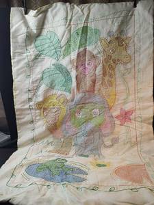 lot 405 image: Handmade Cross Stitched Baby Quilt with Frog and Monkey Design (Some BleedingFading)