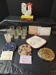lot 423 image: Vintage Glasses, Embroidered Hot Pad, Recipe Cards, Scented Coffee Coasters and More