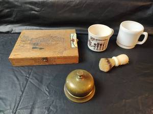 lot 424 image: VTG Balmoral St. Tropez Wooden Cigar Box, Vintage Brass School Bell and Ceramic Shaving Mugs with Brush