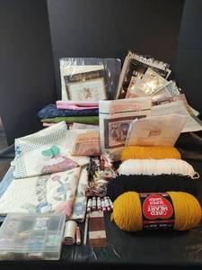 lot 436 image: Large Craft Supply Bundle - Yarn, Patterns and Fabric and Pillow Shams
