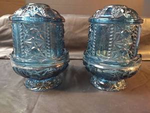 lot 445 image: Blue Glass Pedestal Candle Holders with Diamond and Star Pattern
