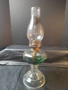 lot 446 image: Glass Oil Lamp with Brass Burner and Faceted Pattern, Includes Green Oil