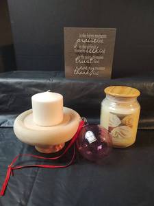 lot 455 image: Handblown Glass Ornament, Vanilla Scented Candle, Wood Candle Holder and More