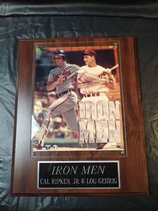 lot 458 image: Baseball Iron Men Commemorative Plaque, Cal Ripken Jr and Lou Gehrig, 12 x 15