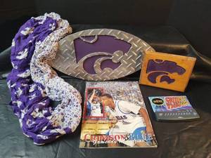 lot 472 image: Kansas State Wildcats Fan Collection Bundle, Sports Trivia Game, Diamond Plate Metal Wildcat, Scarf and More