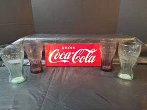 lot 480 image: Coca-Cola Collection - Plastic Sign and Purple and Green Tinted Coca Cola Glasses