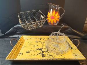lot 505 image: Vintage Metal Tray, Vintage Metal Basket with Wood Handles,  Plastic Pitcher and Hanging Wire Basket