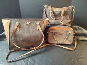 lot 549 image: Michael Kors Brown Signature Print Handbag Set, Tote, Purse, Crossbody