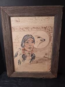 lot 640 image: Native American Portrait in Rustic Frame