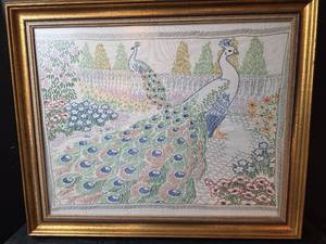 lot 641 image: Framed Peacock Garden Embroidery