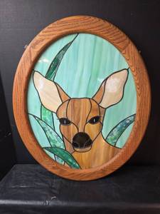 lot 642 image: Deer Stained Glass Wall Art in Oak Frame
