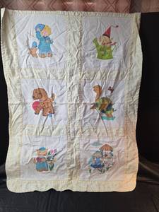 lot 652 image: Vintage Hand-Painted Nursery Baby Quilt with Whimsical Characters