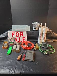 lot 668 image: Eddie Bauer Camping Lantern, Metal For Sale Sign, Silicone Rubber Tubes, and More