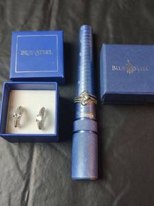 lot 714 image: Blue Steel Crystal Wedding Ring Set and Earrings