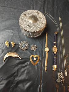 lot 720 image: Mid-Century Jewelry Collection with Crystal Powder Box