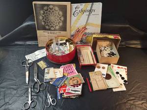 lot 732 image: 1940s Sewing Notions Collection, Scissors, Buttons, Snaps, Straight Pins and More