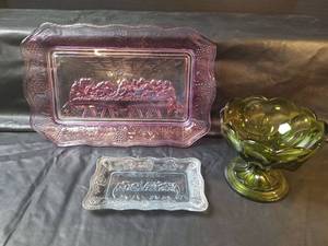 lot 753 image: Pink and Light Blue Glass Last Supper Plaque and Green Glass Candy Dish