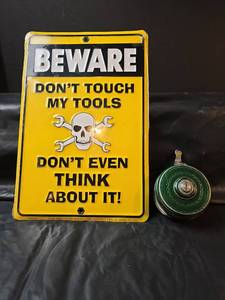 lot 769 image: Vintage Shakespeare Silent Tru-Art Automatic Fishing Reel and Metal Workshop Warning Sign 8in x 12in