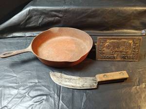 lot 807 image: Cast Iron Skillet, Butcher Knife and Cast Iron Bacon Press