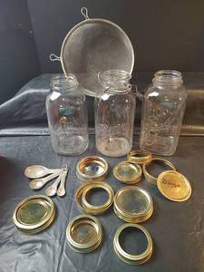 lot 889 image: Ball and Kerr Mason Jars with Strainer, Measuring Spoons and Lids
