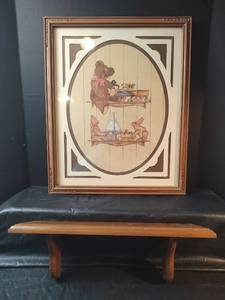 lot 908 image: Nursery Toys Wall Art, 18 x 22 with Wooden Display Shelf, 5.5 x18
