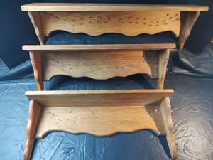 lot 909 image: 3 Matching Wooden Display Shelves, Two 5.5 x 24 and One 5.5 x 29