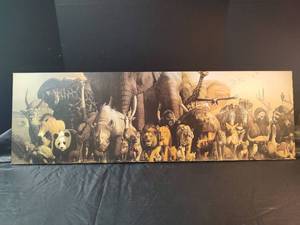 lot 914 image: African Wildlife Gathering Art Print Wall Hanging, 11.5 x 35