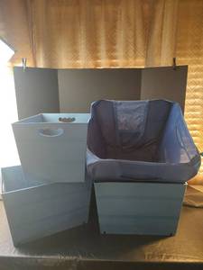 lot 920 image: 3 Heavy Plastic Totes 18w 13.5d x 12 tall and VinylMesh Laundry Basket