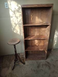 lot 1027 image: Bookshelf 23.5 wide x 54 tall x 9.5 deep and Wood Plant Stand (leg needs a screw put in)