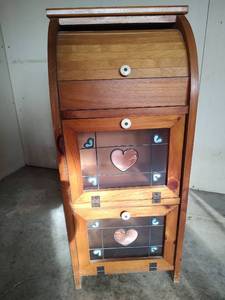 lot 1031 image: Wooden Roll Top Cabinet with Heart Panel Compartments, 15 wide x 34 tall x 11.5 deep