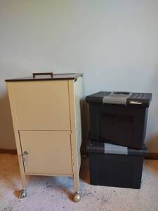 lot 1041 image: Metal File Cabinet with Lock Compartment on Wheels and Two Jumbo File N Go File Hanging File Case