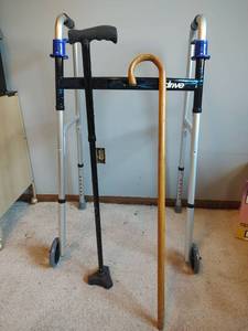 lot 1042 image: New Drive Medical Walker, Wood Cane and Metal Stability Cane