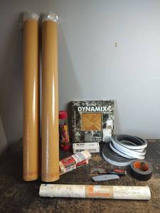 lot 1060 image: Home Improvement Lot- , Vinyl Floor Tile, Floor Liner, L- Cheat Flooring Nails, Tools and More
