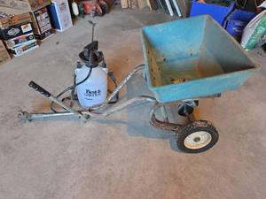 lot 1566 image: Red Devil Pull Broadcast Spreader with Sprayer