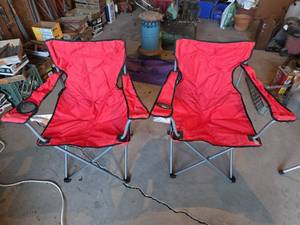 lot 1573 image: 2 Red Portable Folding Camp Chairs