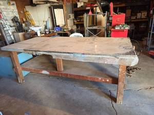 lot 1651 image: 8ft x 42in x 36in Large Wooden Workshop Table with Storage Shelf and Steel Top