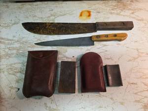 lot 2009 image: Knives with Wetting Stones in Leather Sheaths