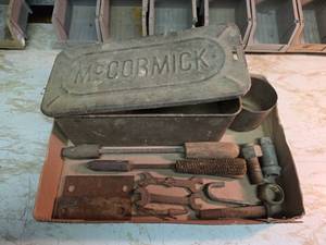 lot 2017 image: McCormick Industrial Metal Toolbox and Vintage Tools