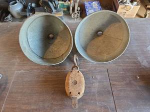 lot 2070 image: 2 - Galvanized Funnels and Pulley