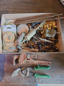 lot 2079 image: Pipe Wrench, Tin Snips, Pulleys, and Assorted Hardware