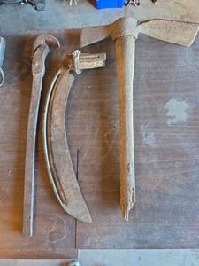 lot 2095 image: Hand Scythe Blade, Large Wrench, and Pick Axe
