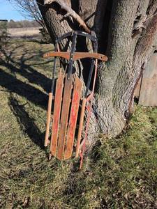 lot 3014 image: Traditional Wooden Snow Sled with Metal Runners