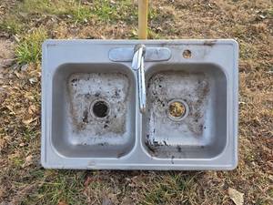 lot 3037 image: Double Basin Stainless Steel Kitchen Sink with Faucet