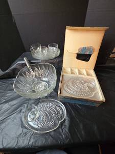 lot 3000 image: Cut Glass Punch Bowl with Ladel, 8 Tea Cup and Snack Plate Sets