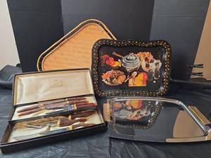 lot 3011 image: Crown Crest Sheffield Stainless Steel Knife Set with Display Case, Sheffield, England.  Vintage Tray, Bamboo Tray and NIB Chrome Tray with Wood Handles