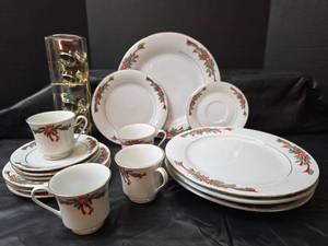 lot 3017 image: Christmas Holiday Dinnerware Set with Poinsettia Design, 4 Pc Place Setting, Tienshan Fine China, Made In China. NIB Napkins Rings